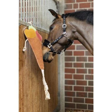 Ice cream horse toy hanging in stall with horse sniffing it. 